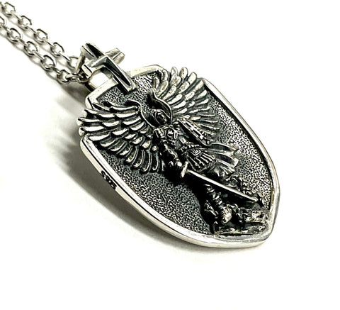 Winged Saint Michael Protect Us Archangel Solid Sterling Silver Waterproof Shield Patron Saint Police Officers Soldiers