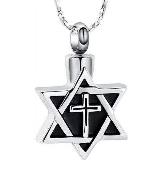 Star of David Urn Messianic with Cross Memorial Necklace Pet Cremation Urn for Ashes Remains Crucifix Women Men Waterproof Stainless Steel