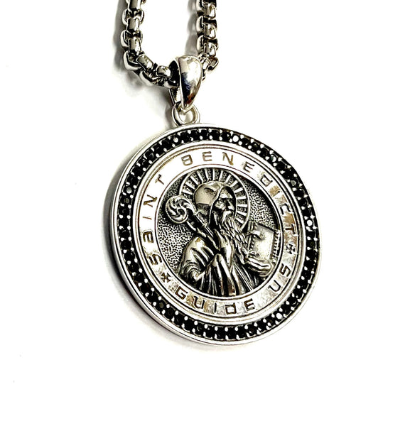 Solid Sterling Saint Benedict Guide Us Medal with Black Zircons S925 Necklace Men Women Catholic Orthodox Religious San Benito