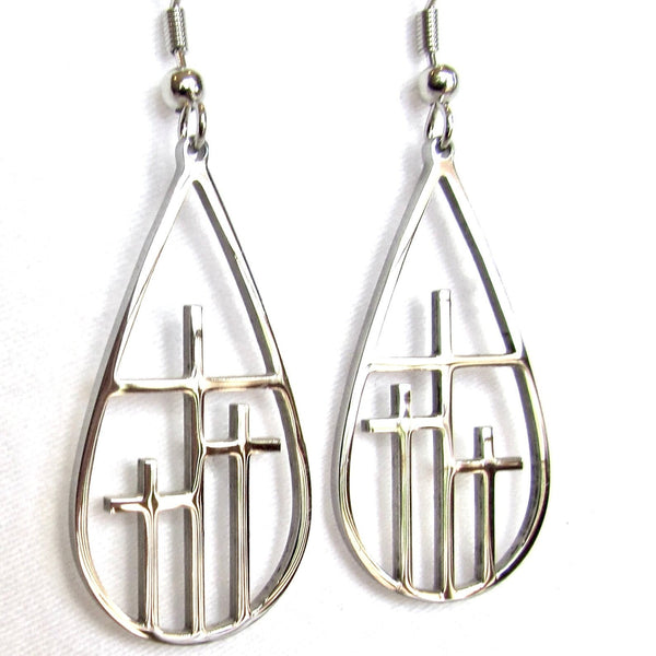 Teardrop 3 cross earrings necklace silver gold triple crosses drop earrings teardrop hoop calvary 3 triple three cross pendant