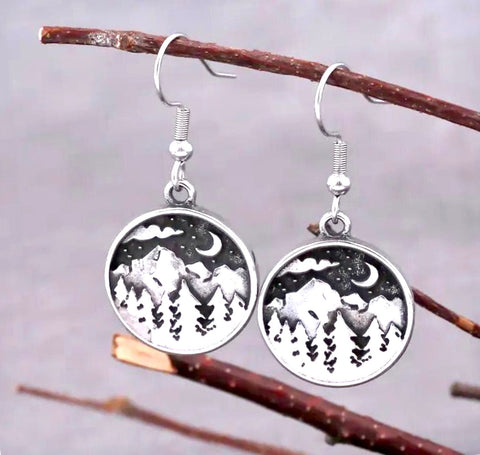 Mountain Moon and Stars Earring Scene with pine trees drop dangle Hike Bike Fish Wanderlust cross country ski Minimalist Jewelry for Woman