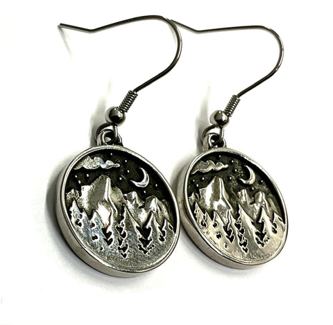 Mountain Moon and Stars Earring Scene with pine trees drop dangle Hike Bike Fish Wanderlust cross country ski Minimalist Jewelry for Woman