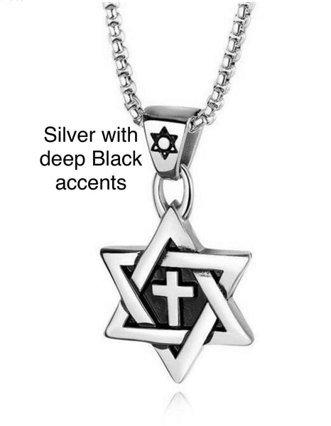 Heavy Messianic Star of David with Cross Necklace Charm Pendant Silver Gold Cross Crucifix Necklace