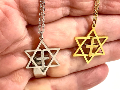 Messianic Star of David with Cross Necklace Charm Pendant Silver Gold Cross Crucifix Necklace