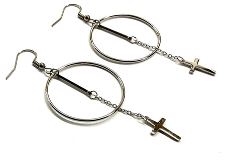 Silver Chain and Hoop Cross Earrings Long Drop Chain Cross Dangle Hippie Bohemian of Jesus Jewelry for Men