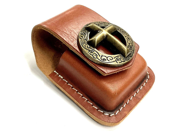 Leather Cigarette Lighter Case Holder with Concho Cross Snap Belt Mount Deep Embossed Filigree Antiqued Accents God Jesus Christian Jewelry