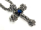 Blue Stone Solid Sterling Silver Cross Zircon Necklace S925 Jewelry Women Girls September birthstone Sapphire