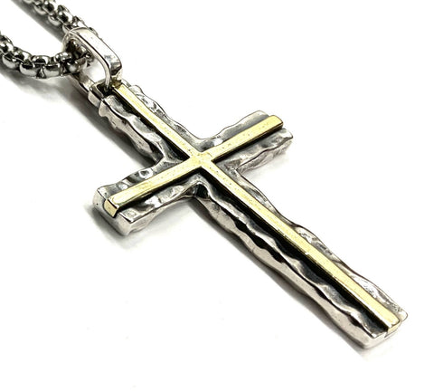 Hammered 2 Color Solid Sterling Silver Cross Necklace for men S925 with Brass inlay catholic crucifix