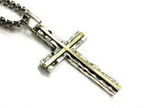 Hammered 2 Color Solid Sterling Silver Cross Necklace for men S925 with Brass inlay catholic crucifix