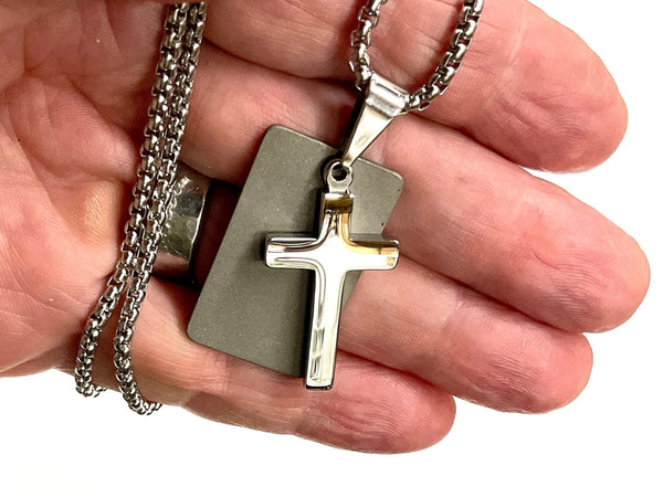 Silver Hand Made Cross Necklace Men Two Piece Dog Tag Handmade Custom Personalized Waterproof Stainless Steel Jesus Jewelry