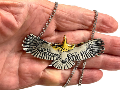 Silver Eagle Biker Necklace with Gold Trim Western Spirit Cast Raised American Eagle Bird for Men Bangle Cuff Heavy Jewelry