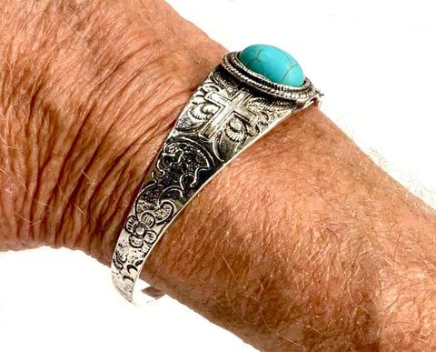 Light weight silver cross and turquoise stone bracelet with stamped bohemian trim large bangle cuff jewelry for men man