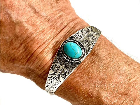 Light weight silver cross and turquoise stone bracelet with stamped bohemian trim large bangle cuff jewelry for men man