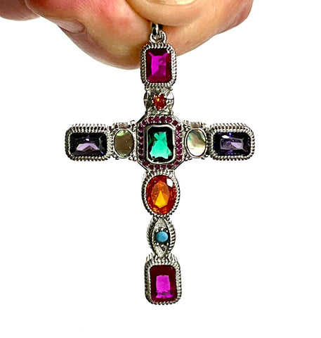 Solid Sterling Silver Colored Stone Cross Antiqued Necklace S925 Pendant for Women Cast Jewelry link Chain Jewellery for Girls