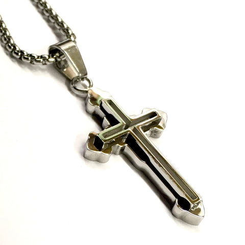 Shadow Box Cross Necklace in a Two Layer Silver or Gold Accent for Men Stainless Steel 2 Color Round Edge Box Chain Jesus