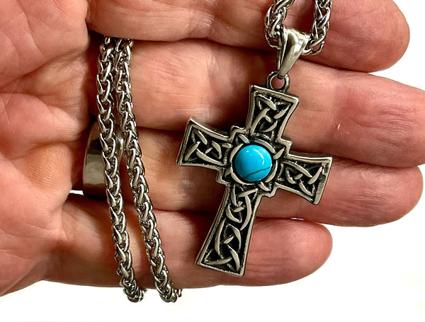 Reversible Silver Cross Necklace Celtic Irish Knot Red Blue Stone Catholic Crucifix Super Cross Vintage Filigree Viking Heavy Braided Chain