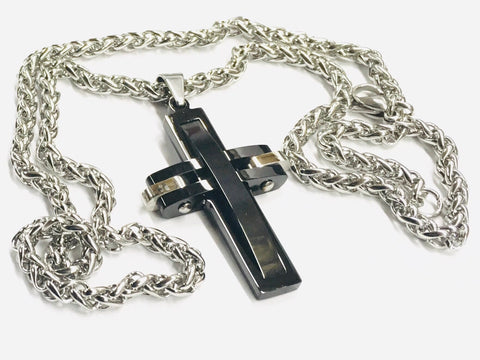 Waterproof Cross Necklace for Men Heavy Black Prayer Cross Super Thick Hypoallergenic Chain Jewelry Pendant for Mens Boys Catholic Crucifix