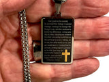 Heavy Black Full Serenity Prayer Necklace Dog Tag Inset Gold Cross with Chain Full Prayer Design Pendant for Mens Boys Christian Jewelry