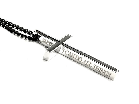 Black Inlay Silver Cross Necklace for Men or Women I Can Do All Things Philippians 4:13 Stainless Steel Religious San Benito 2