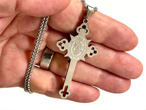 Large Crucifix Saint Benedict Medal Cross Necklace Catholic Orthodox for Men Gold Black Stainless Steel hip hop Jesus Religiou San Benito