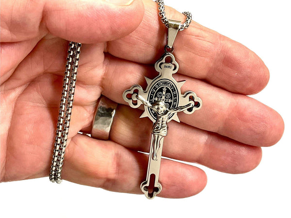 Large Crucifix Saint Benedict Medal Cross Necklace Catholic Orthodox for Men Gold Black Stainless Steel hip hop Jesus Religiou San Benito