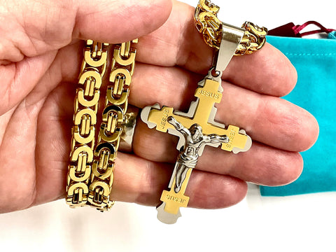 Scrolled Cross Crucifix Necklace with Byzantine Chain Stainless Steel Gothic Silver Gold Heavy Catholic Orthodox Waterproof Jewelry