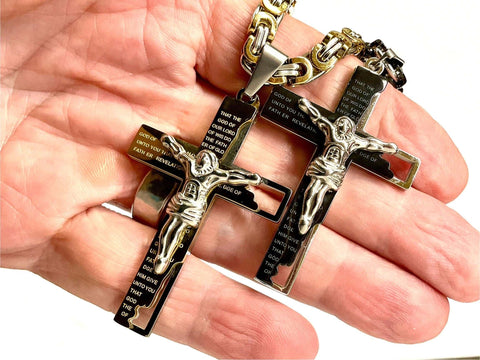 Crucifix Cross Prayer Ephesians 1:17 Cut Out Our Father hip hop Men Orthodox Byzantine Chain Silver Gold Waterproof Stainless Steel