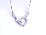 Solid Sterling Silver Open Heart Cross Necklace Crystal CZ Zircons S925 Petite Interior Cross Jewelry for Woman Sacred Heart of Jesus