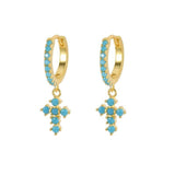 Turquoise Cross Hoop Earrings Gold over Solid Sterling Silver Classic Western Style Crosses of Jesus Jewelry Modern Wedding Woman
