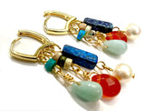 Natural gemstone 3 row hoop and tassel earrings amazonite, agate, jasper, pearl, drop dangle bohemian boho hippie woman hand assembled
