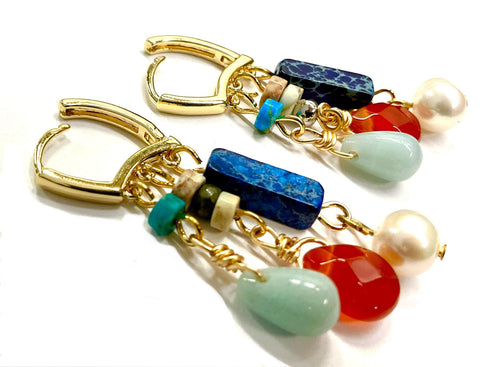Natural gemstone 3 row hoop and tassel earrings amazonite, agate, jasper, pearl, drop dangle bohemian boho hippie woman hand assembled