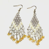 Silver 7 Cross Earrings Pearl and Dark Yellow Glass Iridescent Dichromatic Bohemian Boho Tassel Cross Dangle Hippie Woman Girls Drop Jewelry