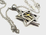 Sterling silver messianic star of david necklace with gold inlayed gold cross at the center crucifix seal of solomon