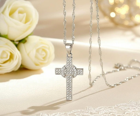 Set - sterling silver zircon cross earrings and necklace S925 pendant for women cast jewelry link chain jewellery for girls