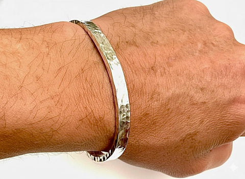 Pure silver bracelet hammered men womens thick raised pattern bangle cuff heavy jewelry