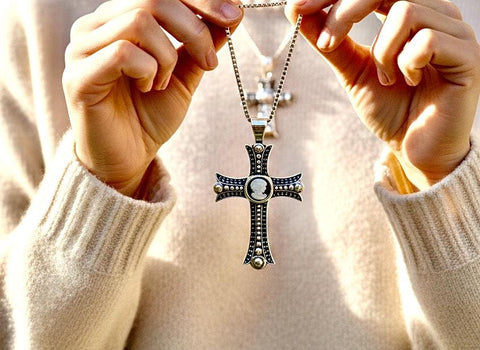 925 Mother of Pearl Cameo Cross Necklace Pure Solid Sterling Silver Carved Inlay Accent for Man Women Old World Box Chain Catholic Jesus