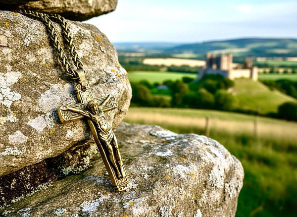 Solid Brass Crucifix Necklace Matching Cross Bronze Chain Heavy Thick Cross Pendant Necklace for Men Women Christian Jewelry