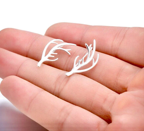 Silver Elk Deer Antlers Earrings Sideways Ear Climber Stud Hikers Wanderlust Bikers Minimalist Stainless Steel Hypoallergenic Outdoor Enthus