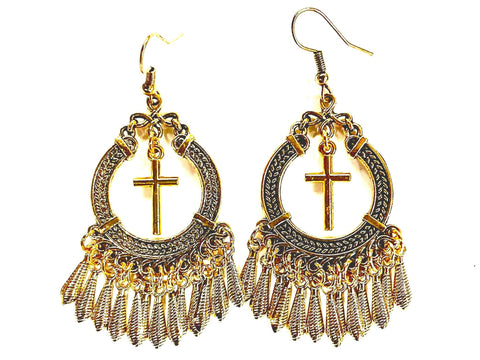 Silver or Gold Bohemian Tassel Cross Earrings Hippie Boho Woman Cross Silver Gold Girls Drop Dangle Jewelry
