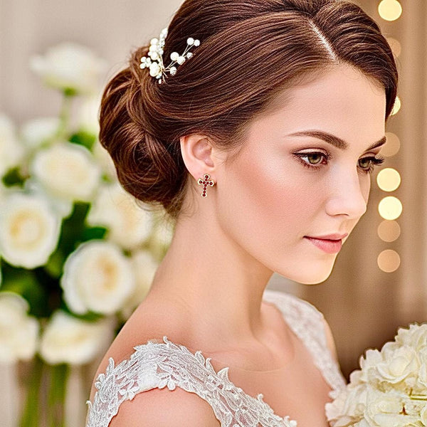Gold Cross Earrings with Red Colored CZ for Women Weddings Bridesmaid