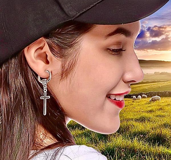 Long Viking Cross Earrings with Celtic Irish Design and Hoop Closure Crucifix Boho bohemian style Jesus Cross EarringsJewelry