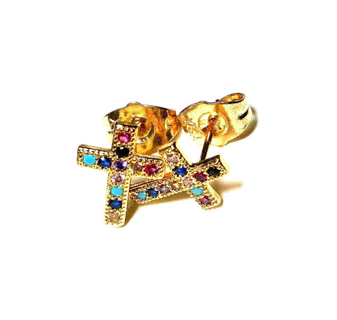 Gold Cross Earring Dainty Colorful Stud Multi Color CZ Crosses Small for Women Girls Best Price Weddings Bridesmaid jewellery jewelry