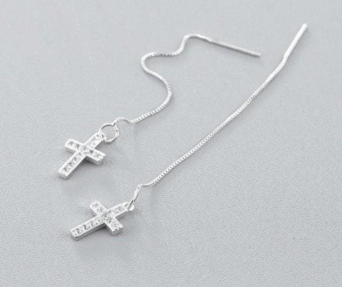 Silver Chain Cross Earrings Modern Small Long Drop Dangle Design for Women Girls Cross of Jesus Christian Jewelry jewellery