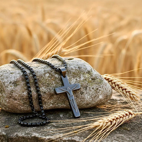 May include: A black cross pendant necklace with a detailed depiction of Jesus Christ. The cross is displayed on a stone with a wheat field in the background. The necklace chain is made of small, round, black beads.