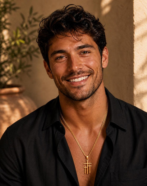 May include: A gold-colored pendant necklace featuring a triple cross design. The pendant hangs from a chain. The person in the image is wearing a black button-down shirt.