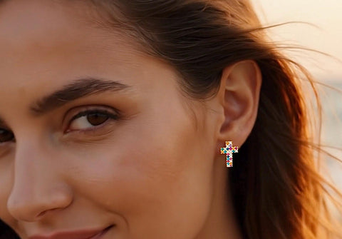 Multi Color CZ Gold Cross Earrings Weddings Bridesmaid Rainbow Stud Crosses for Women Girls jewellery jewelry