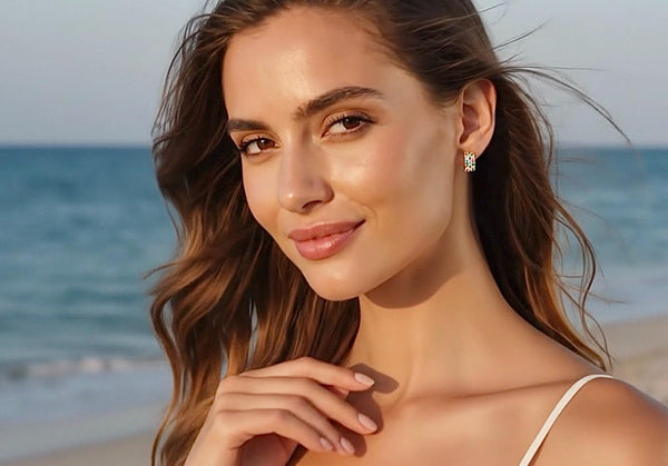 Multi color CZ gold hoop cuff earrings for weddings bridesmaid stud inlay for women girls rainbow colors jewellery jewelry