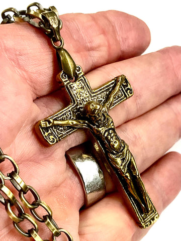Men's Brass Crucifix Necklace | Thick Cross Bronze Link Chain